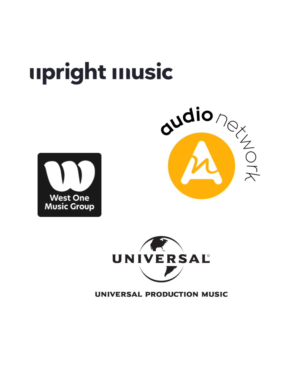 Logoer af Upright Music ApS,  Audio Network Limited,  Universal Production Music ,West One Music Group